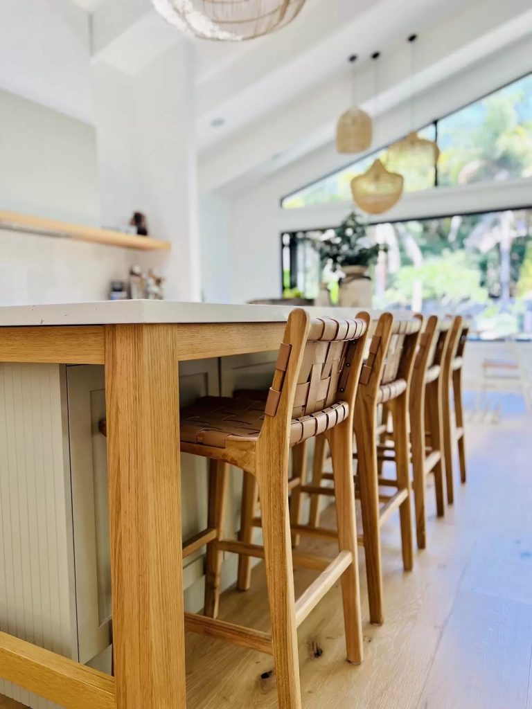 Beautiful leather and wood stools in a kitchen on Sydney's Northern Beaches