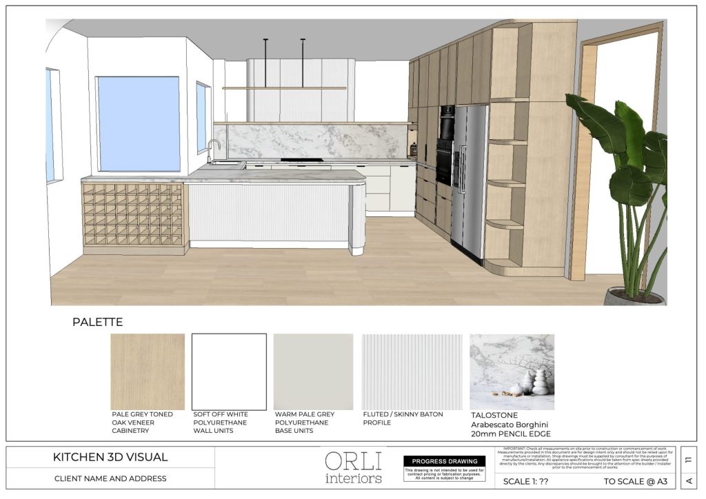 3D render of a kitchen design including palette/finish examples