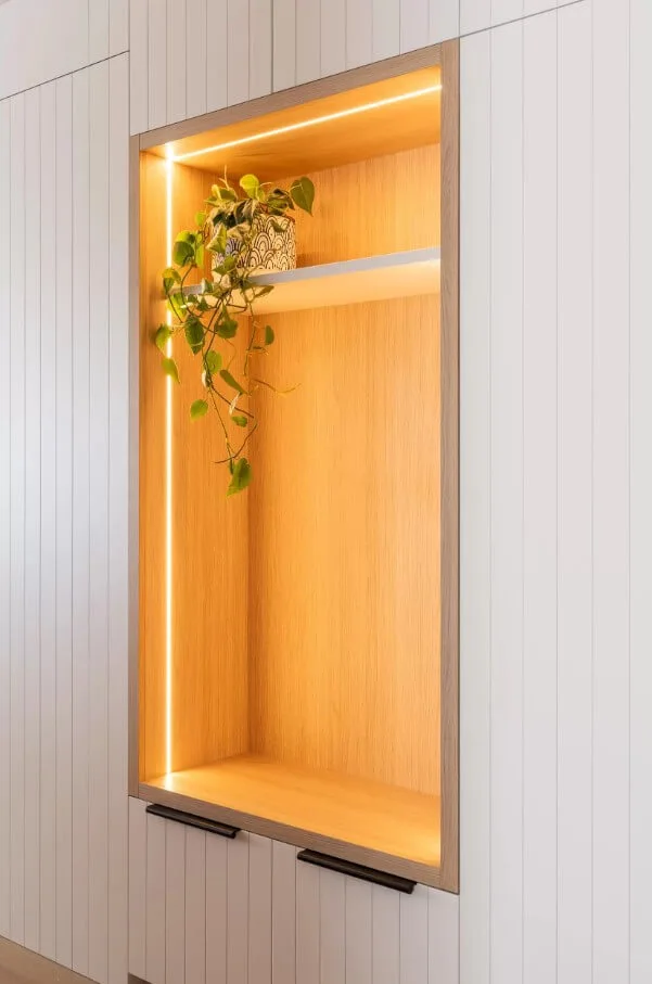 Clever storage design incorporating a wall nook in a professionally designed renovation in Manly, Sydney