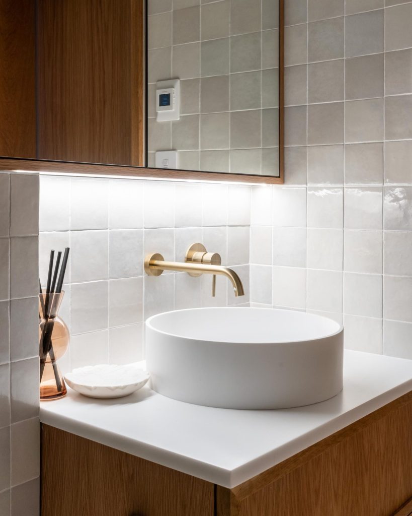 white and wood bathroom vanity
