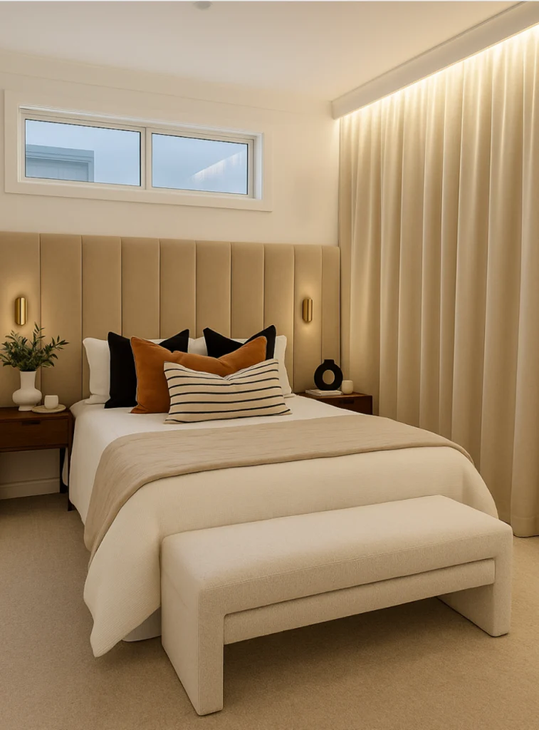 luxury bedroom with soft neutral colour scheme in a full home renovation in Collaroy