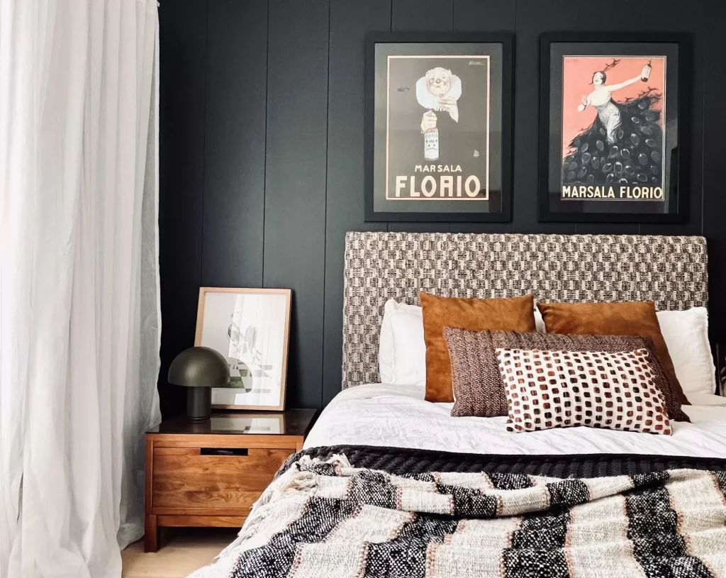 Master bedroom with black and  brown colour palette in a full home renovation in Manly Vale, Northern Beaches.