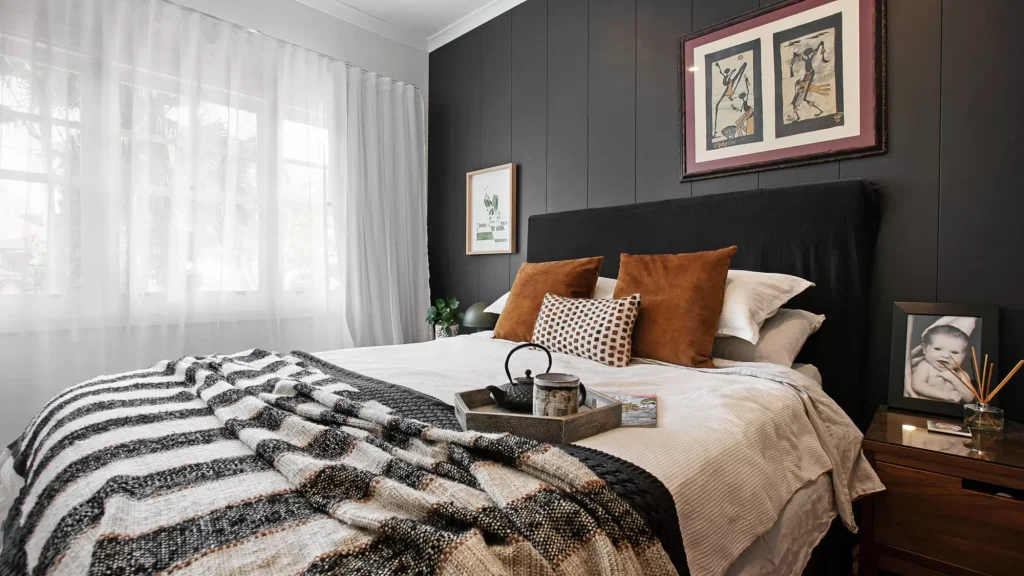 black panel feature wall in an interior designed bedroom in Manly Vale NSW