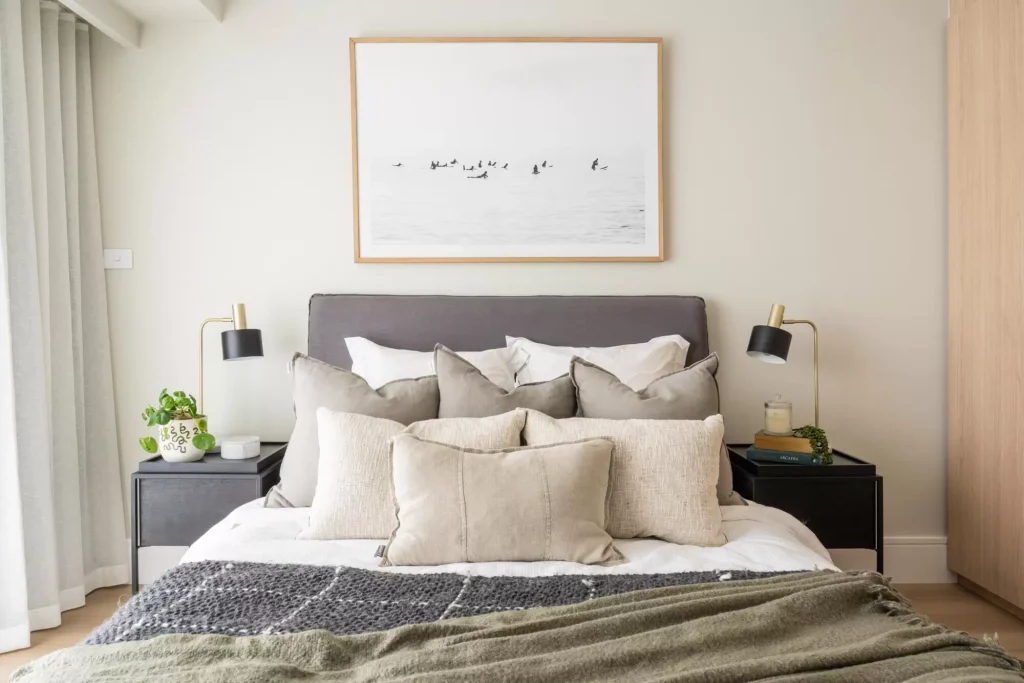 Styled coastal bedroom in an interior designed apartment in Manly NSW